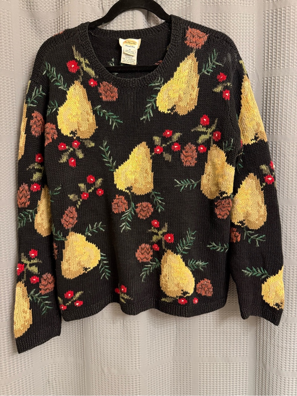 Vintage 90s Talbots Hand Knit Sweater M Black Pear Fruit Floral Cottagecore